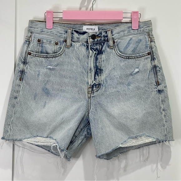Pistola Devin High Rise Mom Cut Off Shorts Distressed Light Wash St.Tropez 27 - Picture 4 of 12